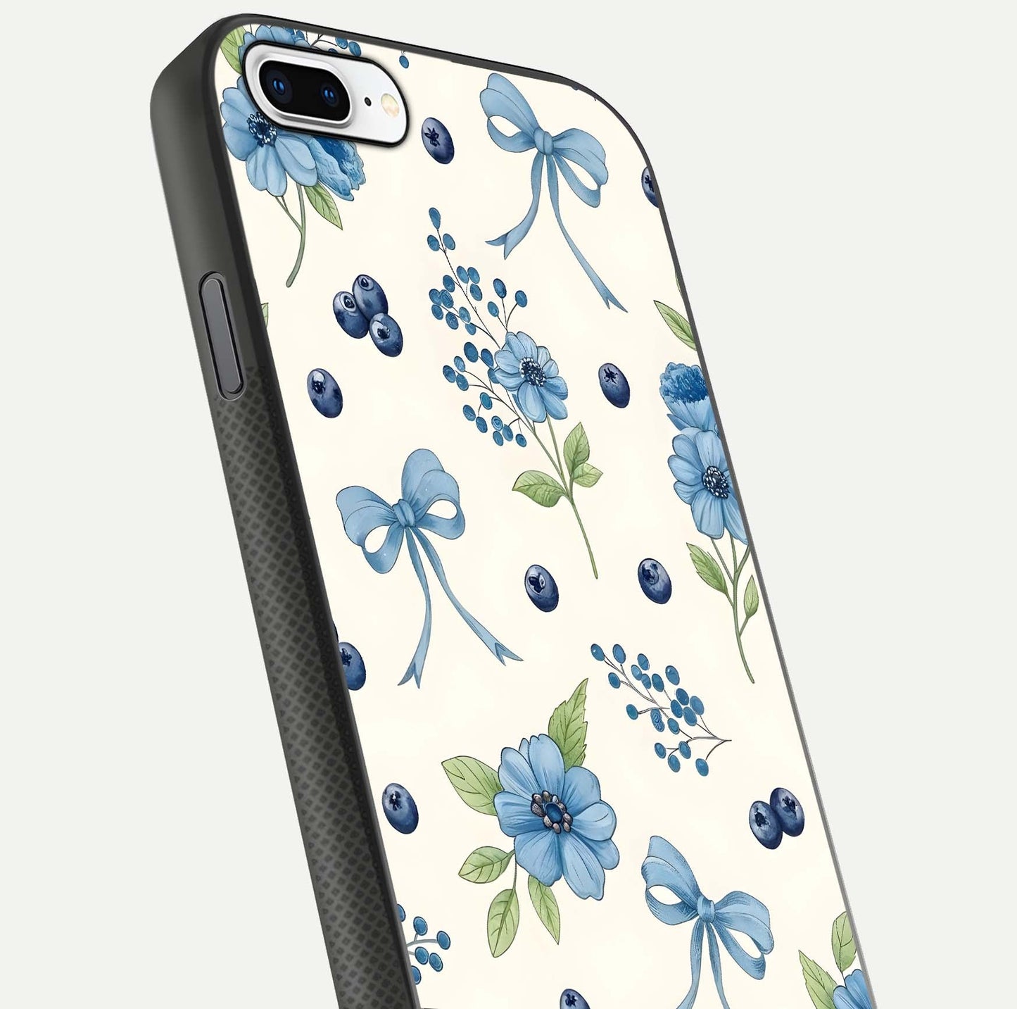Blue Flower & Bow Glass Case for iPhone 16 Pro close-up shot highlighting ribbon detail and flower gloss finish