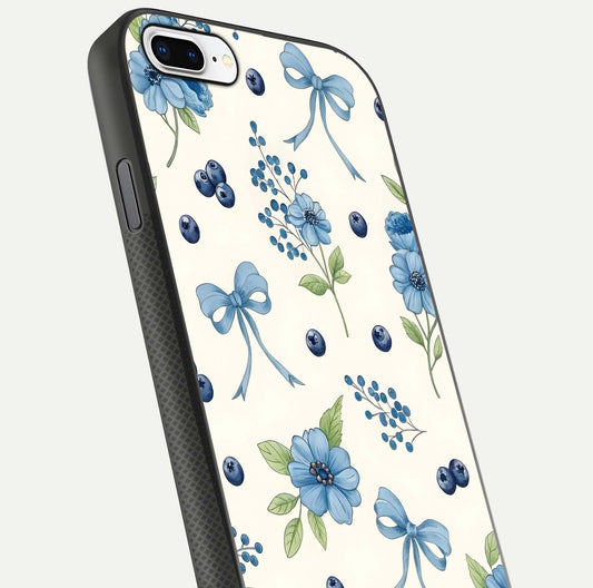 Blue Flower & Bow Glass Case for iPhone 7 Plus close-up shot highlighting ribbon detail and flower gloss finish
