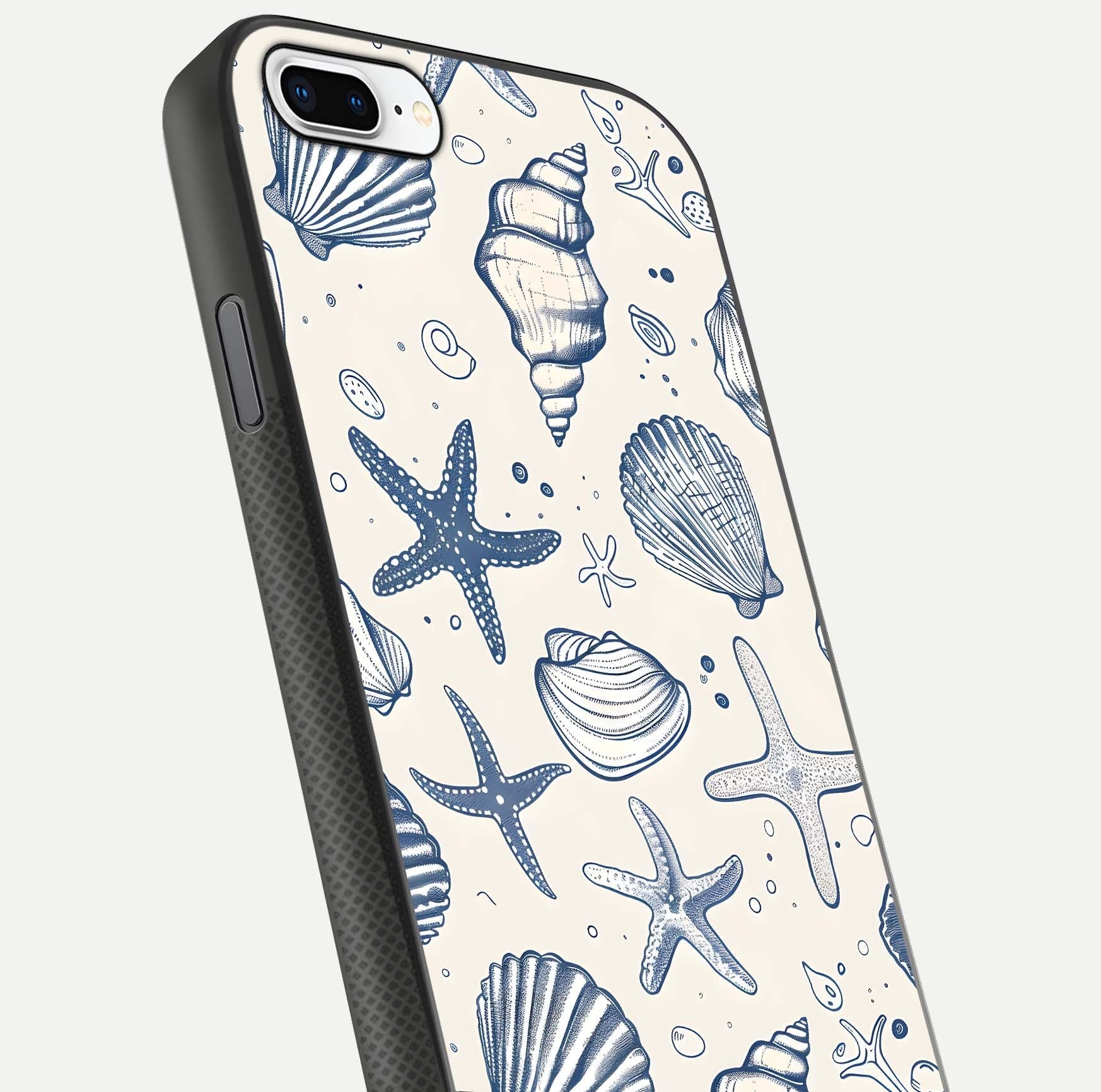 Blue Ocean Outline Glass Case for iPhone 7 Plus close-up shot highlighting line art details and reflection texture