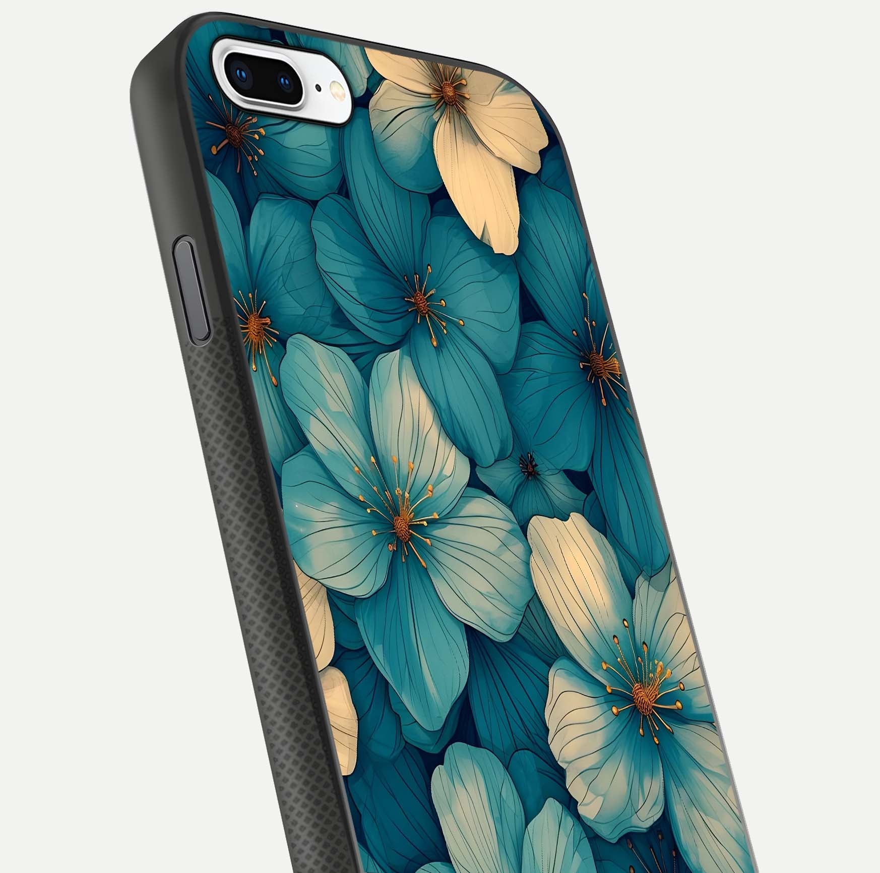 Blue Shade Floral Glass Case for iPhone 7 Plus close-up angle showing flower print precision and reflection