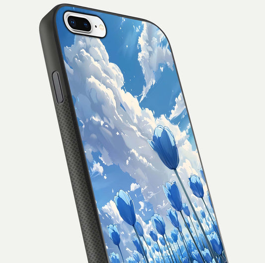 Blue Tulip Clouds Glass Case for iPhone 7 Plus close-up image highlighting tulip petals, clouds, and reflection texture