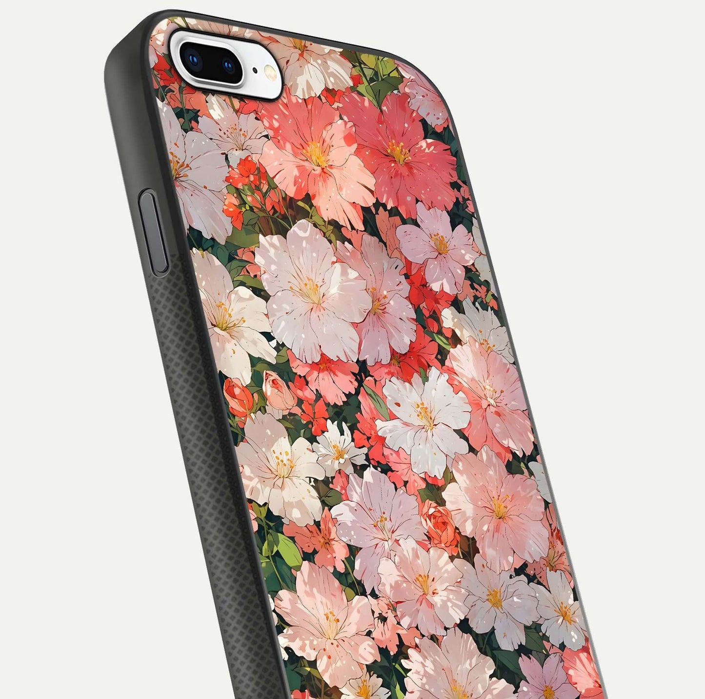 Blush Bloom Field Glass Case for iPhone 7 Plus close-up shot capturing pastel flower field tones and gloss shine