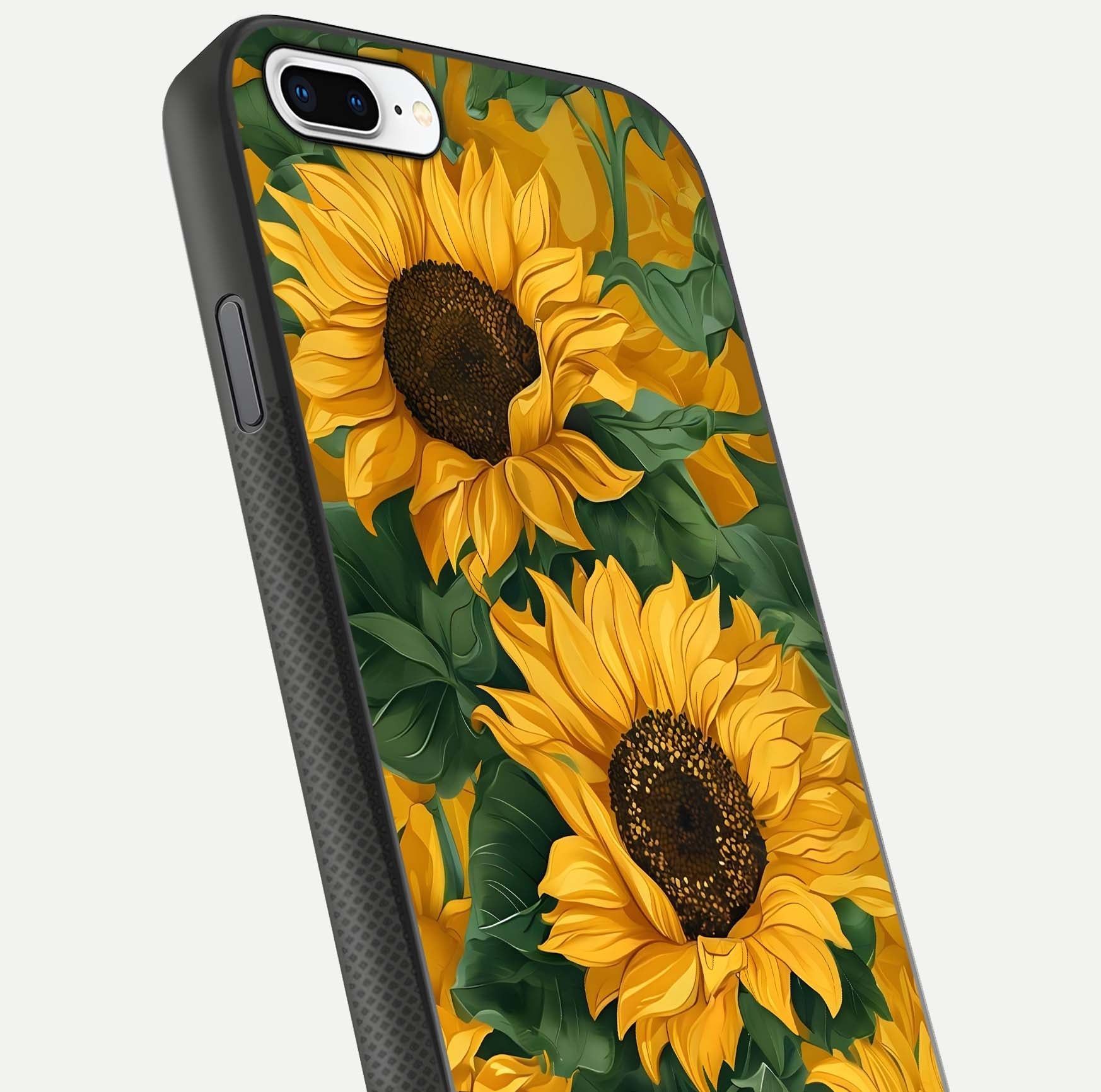 Bright Sunflower Bloom Glass Case for iPhone 7 Plus close-up image highlighting yellow petal detail and HD reflection