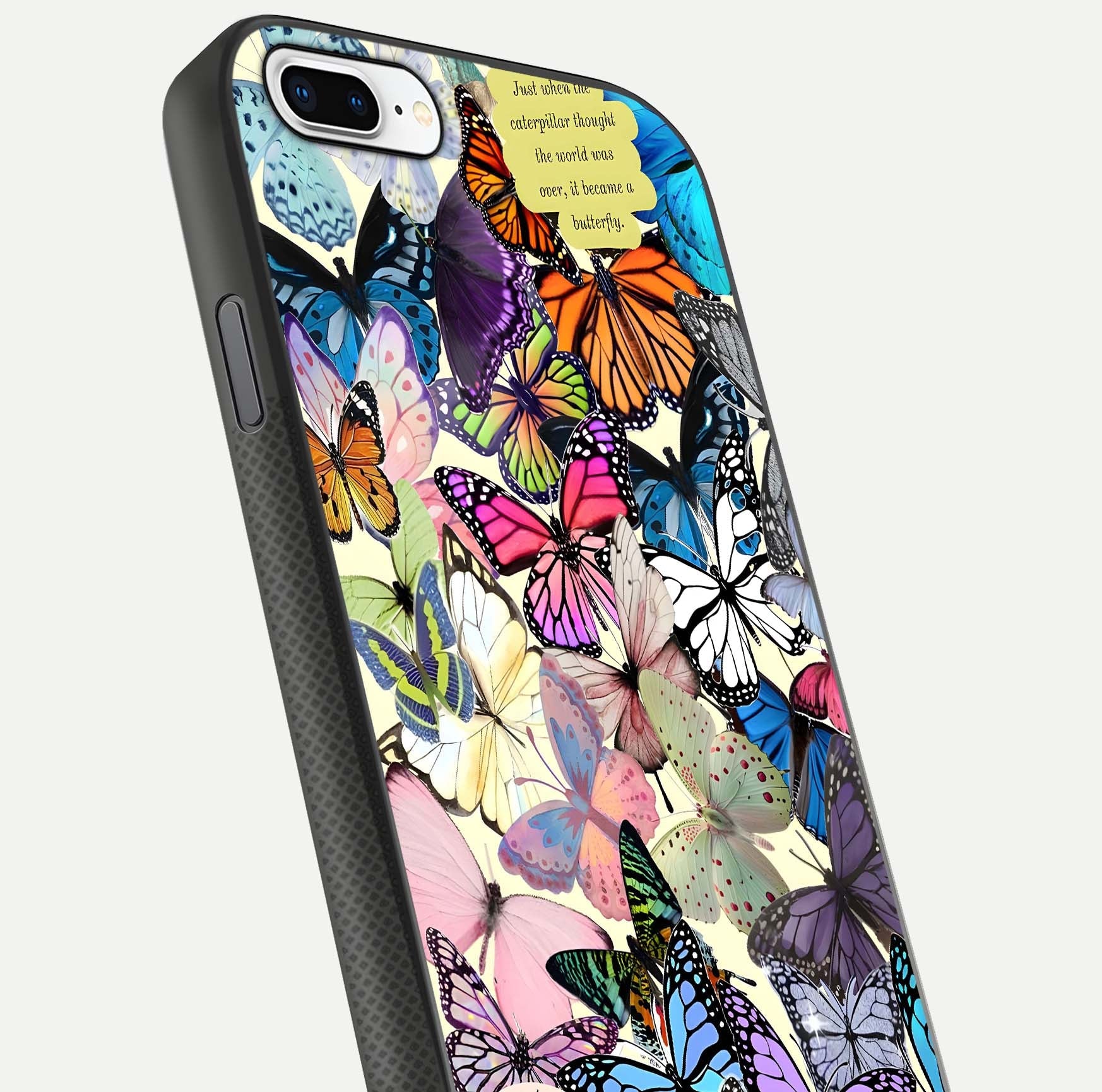 Butterflies Petal Dream Glass Case for iPhone 7 Plus close-up highlighting butterfly wings and pink petal gloss