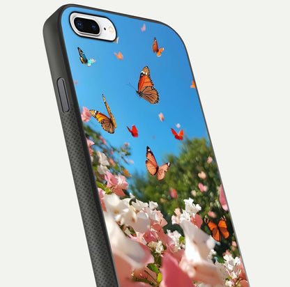 Butterflies in Bloom Sky Glass Case for iPhone 7 Plus close-up shot showing wings, petal reflections, and soft hues
