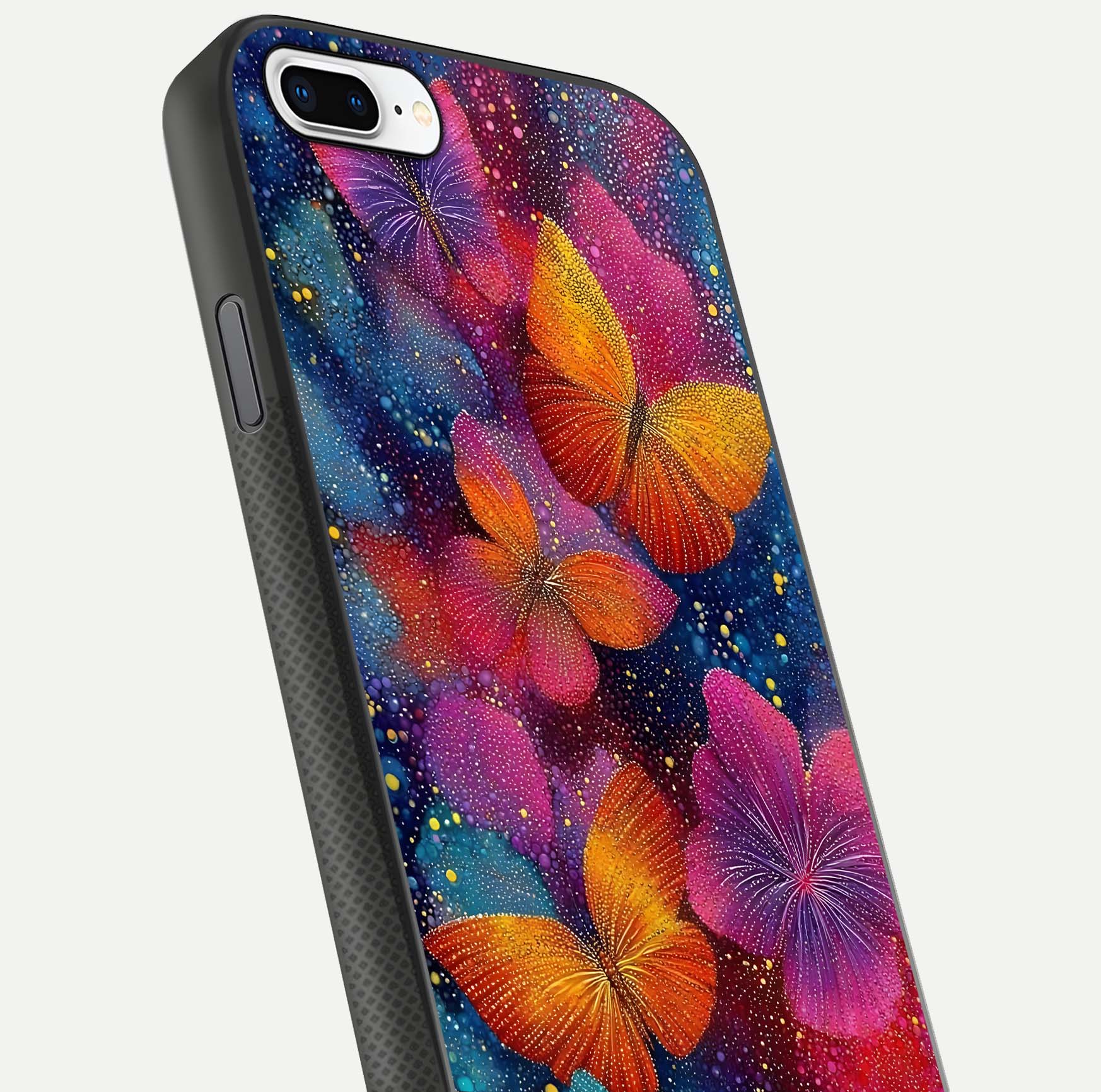 Butterfly Dream Mist Glass Case for iPhone 7 Plus close-up capturing wing pattern detail and glossy finish texture