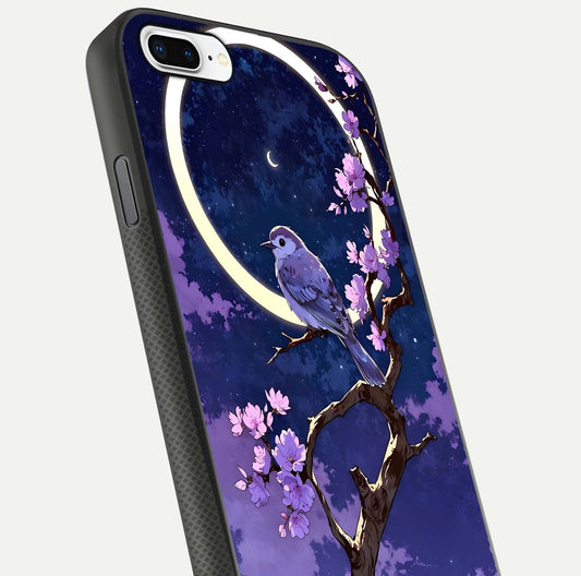 Celestial Bird Blossom Glass Case for iPhone 7 Plus close-up capturing bird detail, petal reflection, and gloss shine