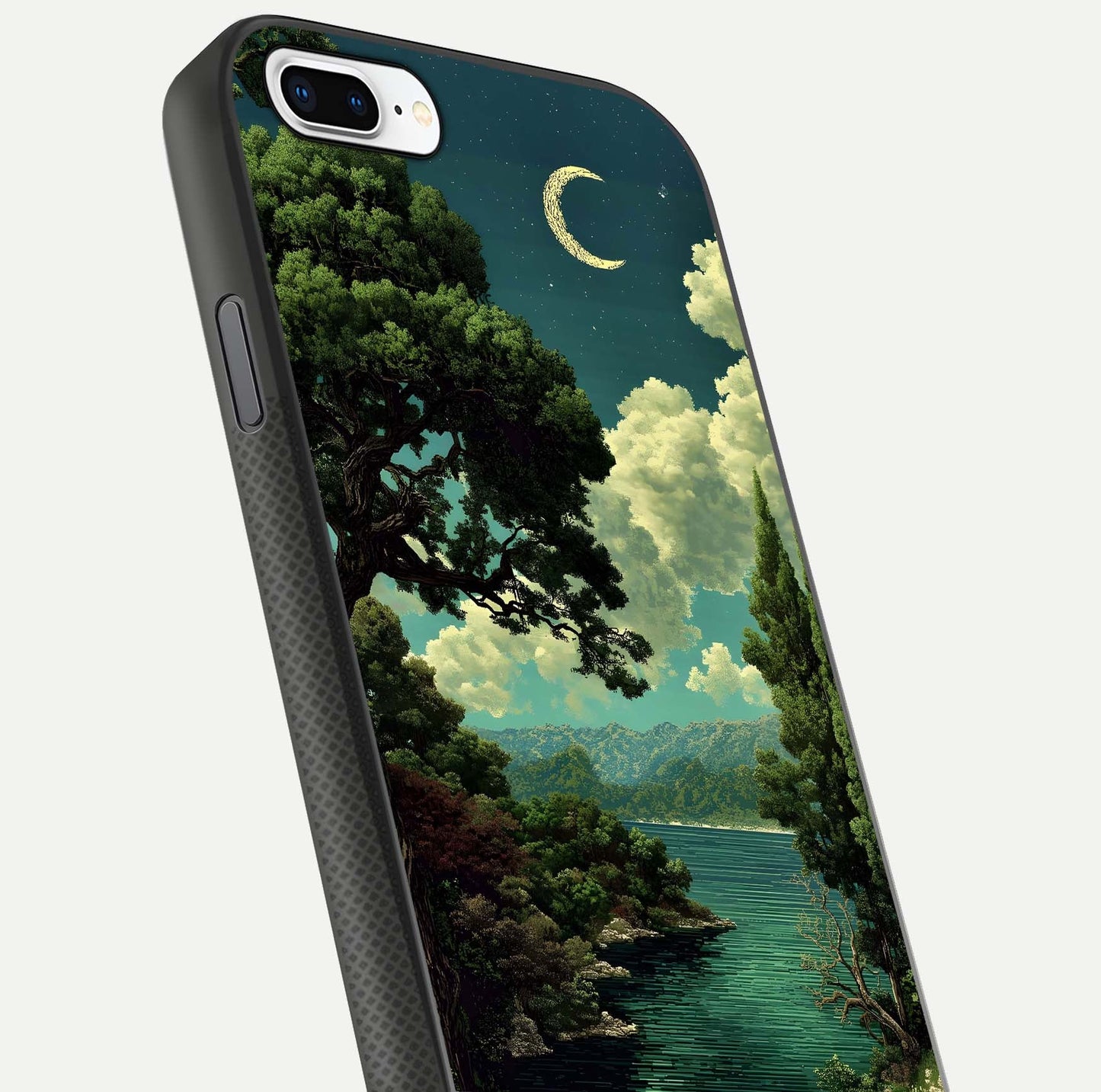 Celestial Lake Peace Glass Case for iPhone 7 Plus close-up highlighting moon reflection and glossy texture
