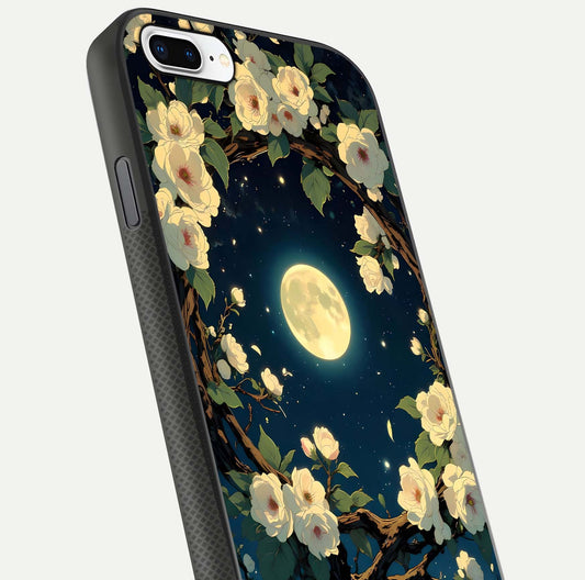Celestial Moon & Flower Glass Case for iPhone 7 Plus close-up capturing petal reflection and moonlight contrast