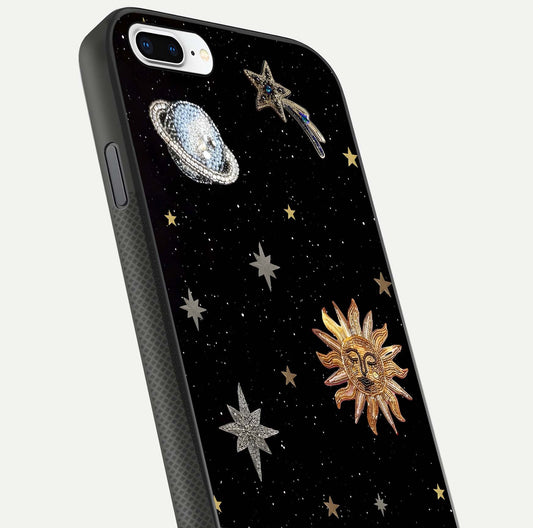 Celestial Moon With Stars Glass Case for iPhone 7 Plus close-up showing cosmic reflection and HD shine