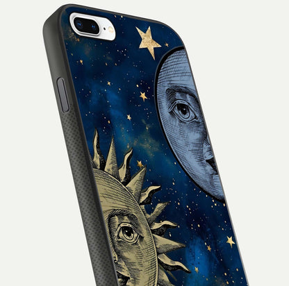 Celestial Moon With Sun Glass Case for iPhone 7 Plus close-up highlighting fine celestial detail and polish reflection