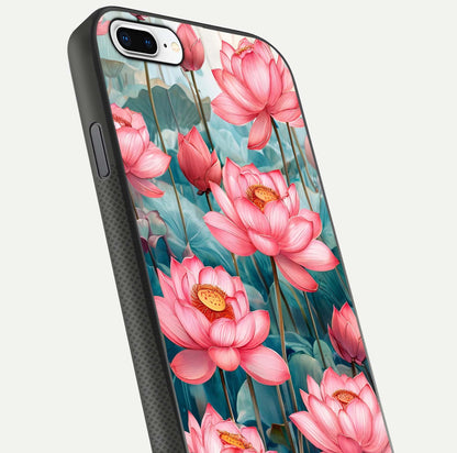 Celestial Pink Lotus Glass Case for iPhone 7 Plus close-up highlighting petal detail and HD glass reflection