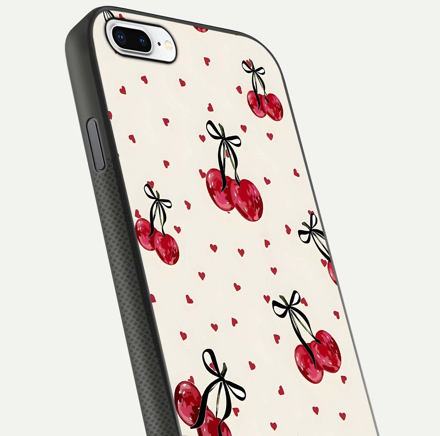 Cherry Heart Bow Glass Case for iPhone 7 Plus close-up highlighting small bows, cherry red tones, and gloss shine