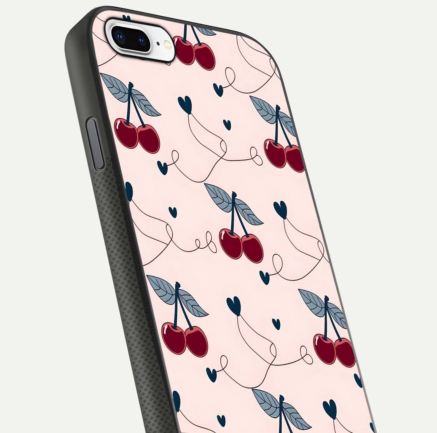 Cherry Heart Line Glass Case for iPhone 7 Plus close-up showing heart outline and HD reflection gloss