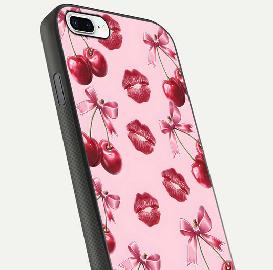 Cherry With Lips Glass Case for iPhone 7 Plus close-up view highlighting lips texture and reflection shine