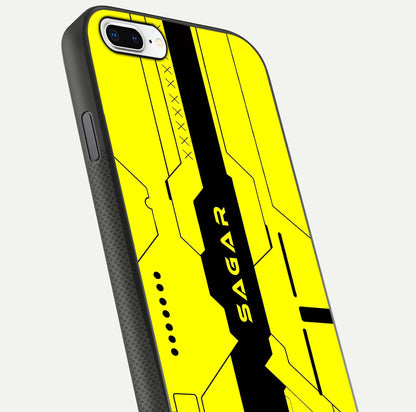 Circuit CYBERPUNK Custom Name Glass Case for iPhone 7 Plus close-up highlighting neon lines, futuristic tones, and gloss reflection