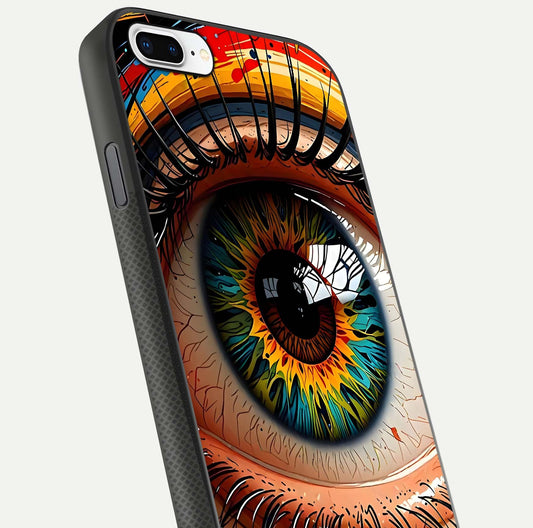 Colorful Eye Glass Case for iPhone 7 Plus close-up highlighting eye pattern detail and reflection shine