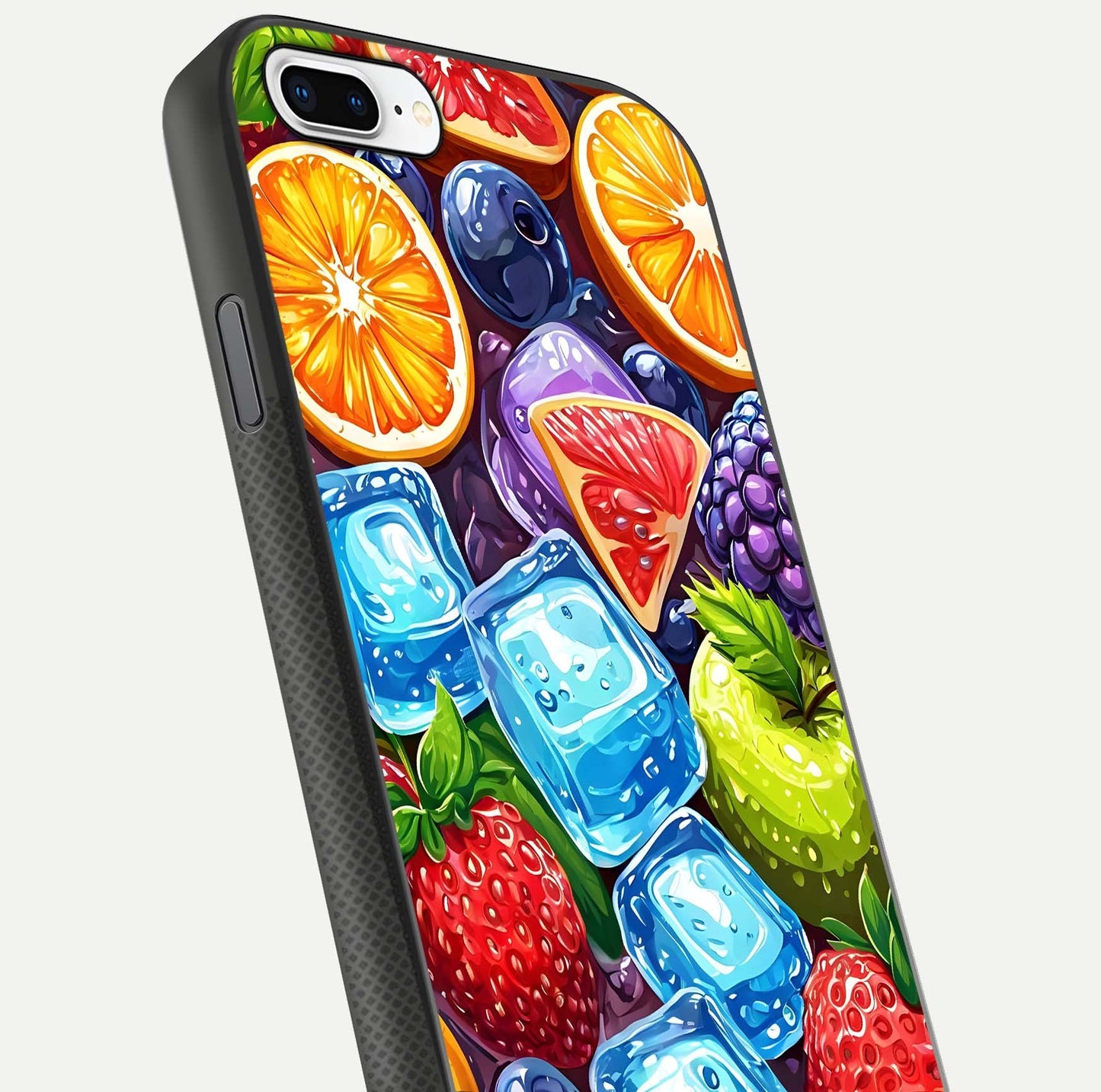 Colorful Fruits with Ice Glass Case for iPhone 7 Plus close-up highlighting fruit color and reflection glow