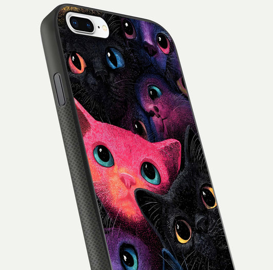 Cosmic Cats Dreams Glass Case for iPhone 7 Plus close-up highlighting cats and cosmic glow reflection