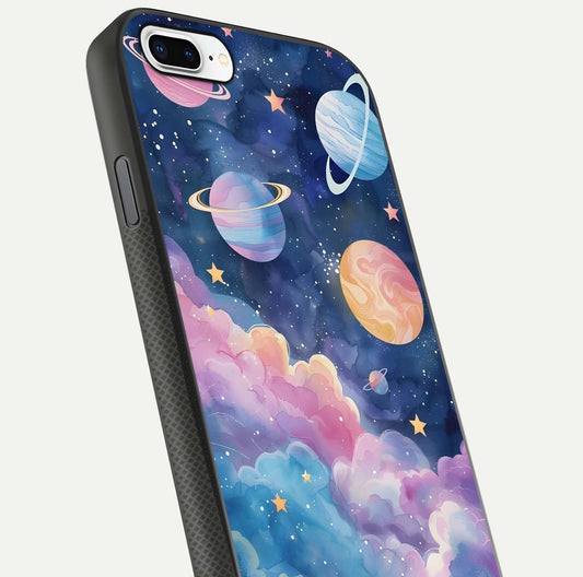 Cosmic Planet Dreams Glass Case for iPhone 7 Plus close-up highlighting planetary details and reflection glow