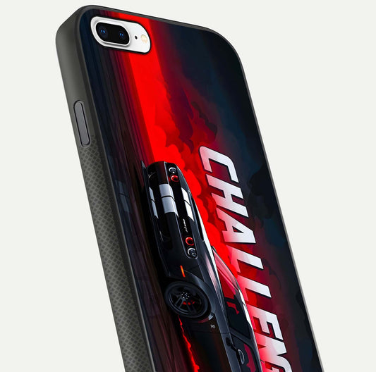 Crimson Challenger Fury Glass Case for iPhone 7 Plus close-up highlighting car details and reflection depth