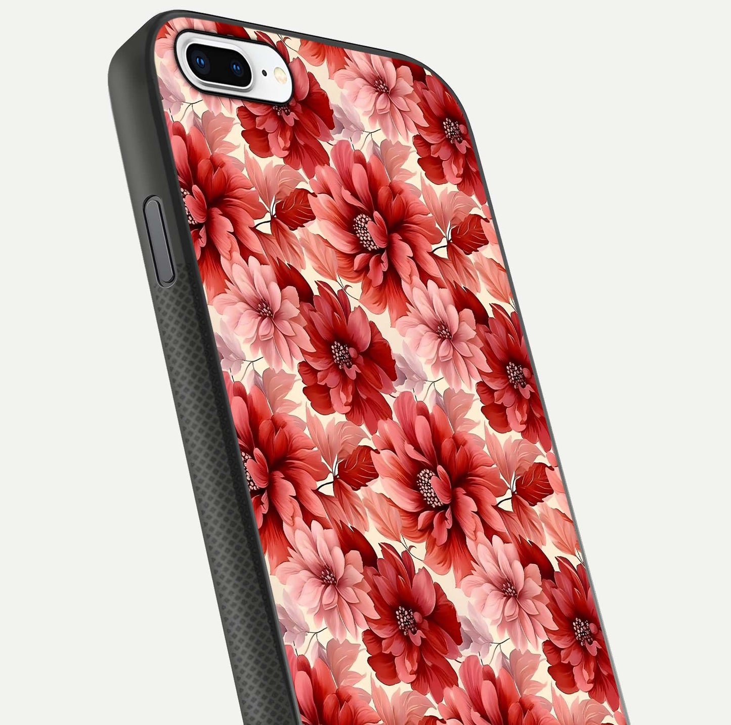 Crimson Love Petals Glass Case for iPhone 7 Plus close-up highlighting petal texture and light reflection