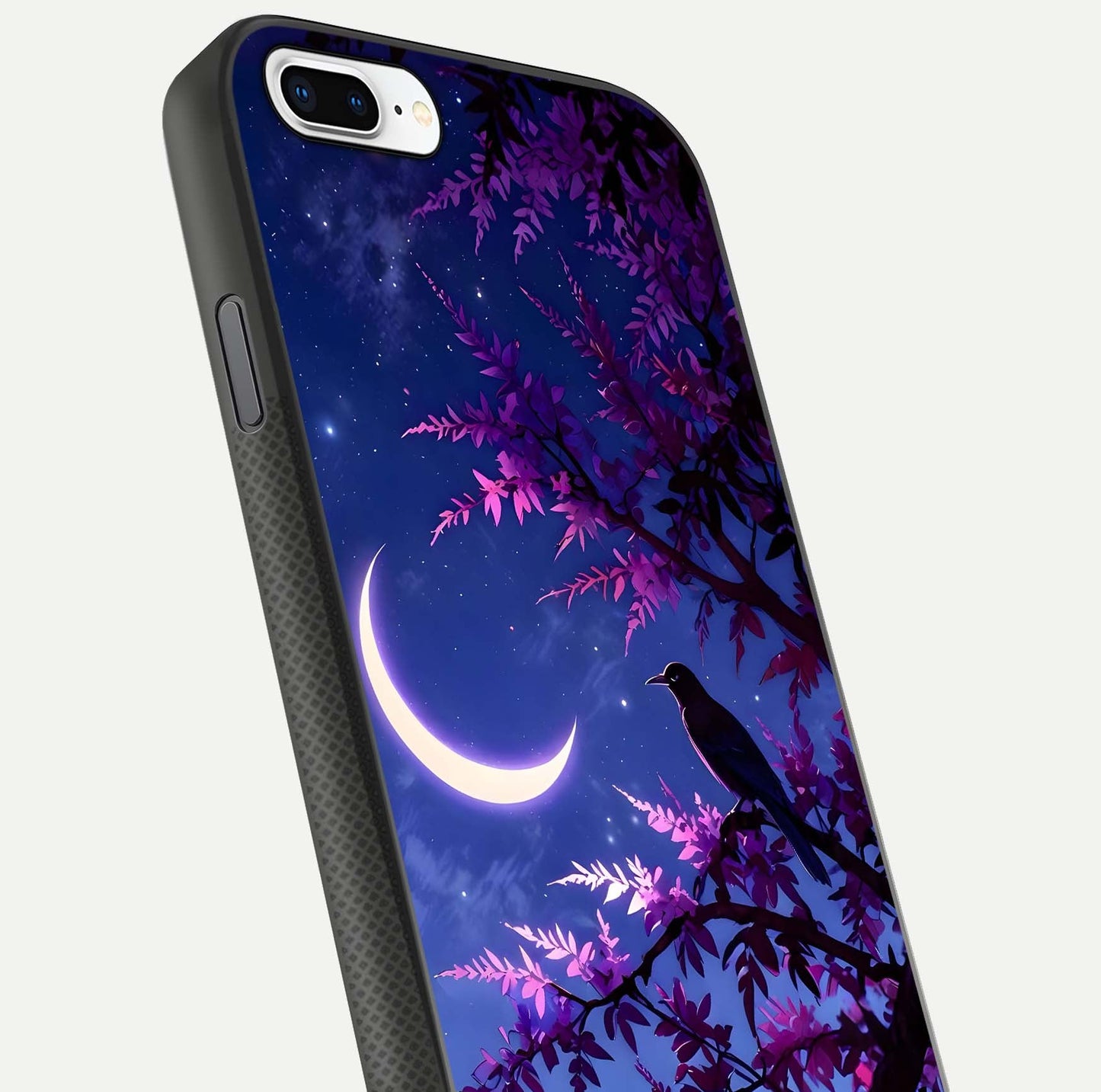 Crow & Moon Scenery Glass Case for iPhone 7 Plus close-up highlighting moon detail, dark tones, and glass reflection