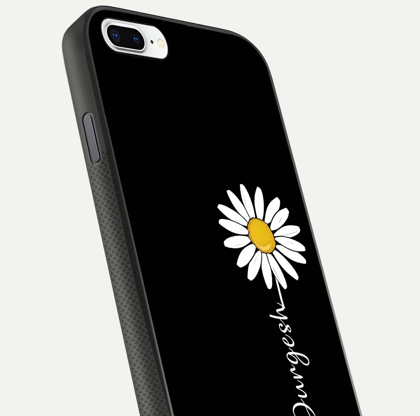 Custom Name White Flower Glass Case for iPhone 7 Plus close-up highlighting petals, name print, and reflection polish
