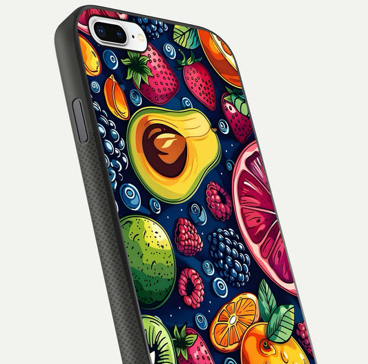 Cute Fruits Art Glass Case for iPhone 7 Plus close-up highlighting fruit shapes, color tones, and reflection polish