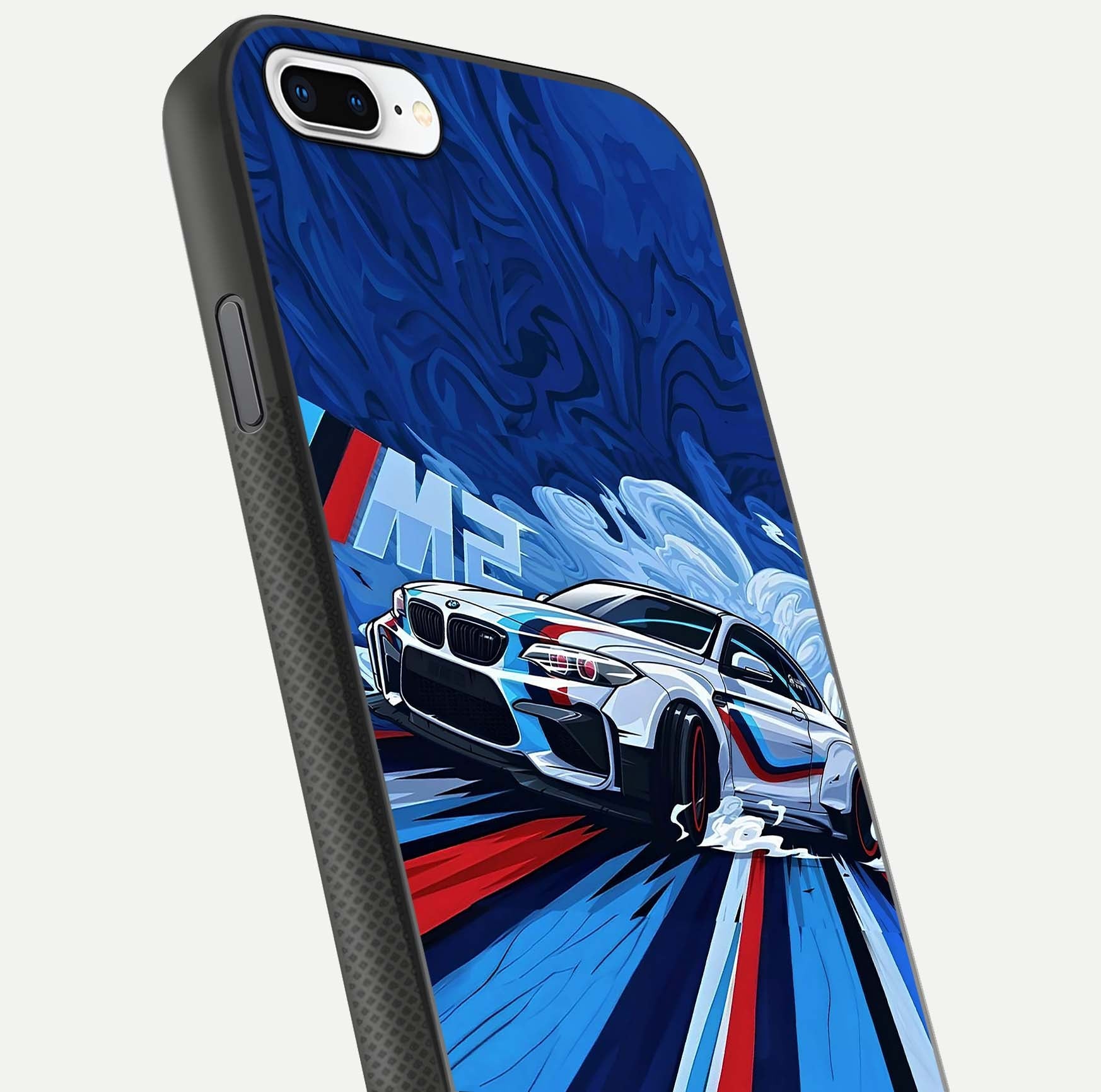 Drift Power Rush Glass Case for iPhone 7 Plus close-up highlighting car reflection and metallic tones