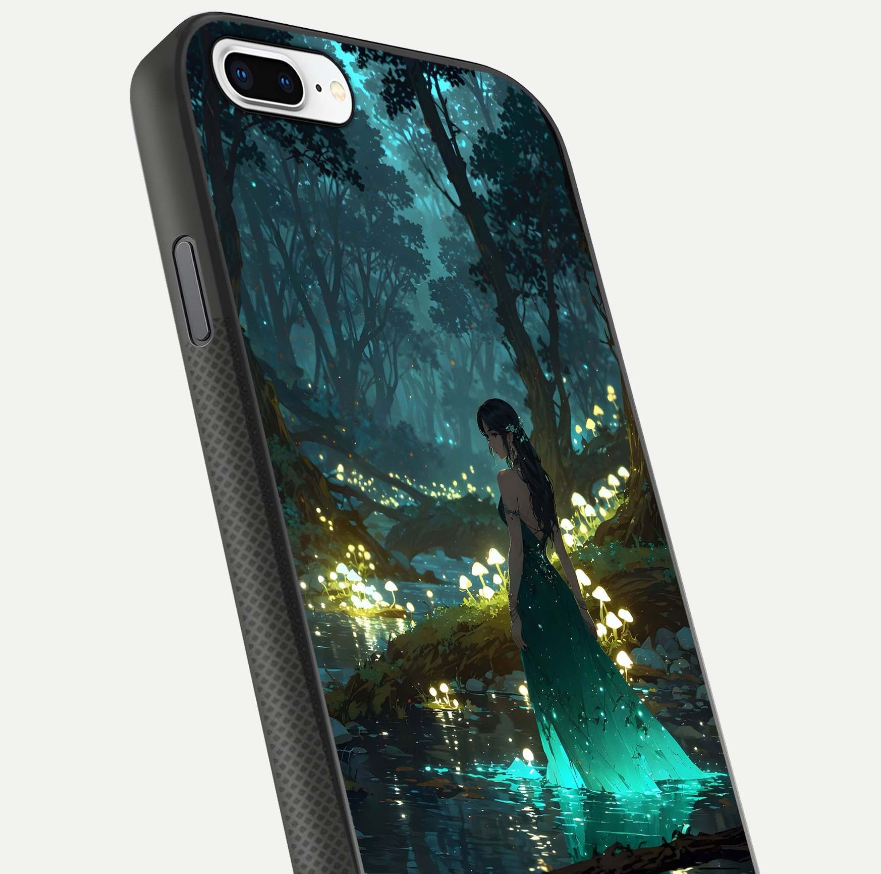 Enchanted Forest Glow Glass Case for iPhone 7 Plus close-up highlighting trees, lights, and reflection texture