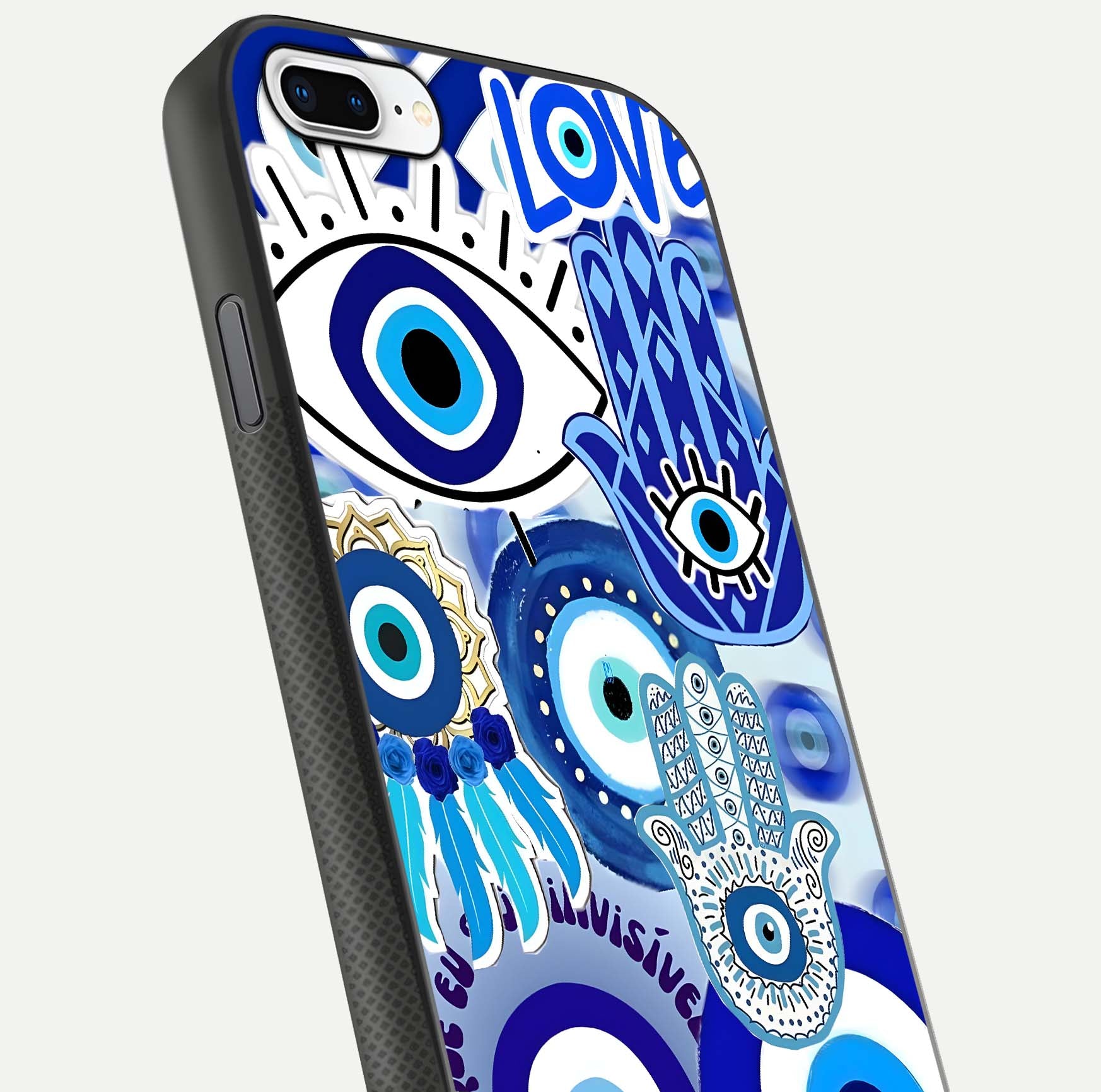 Evil Eyes Dream Glass Case for iPhone 7 Plus close-up highlighting evil-eye charm detail and light reflection on glass