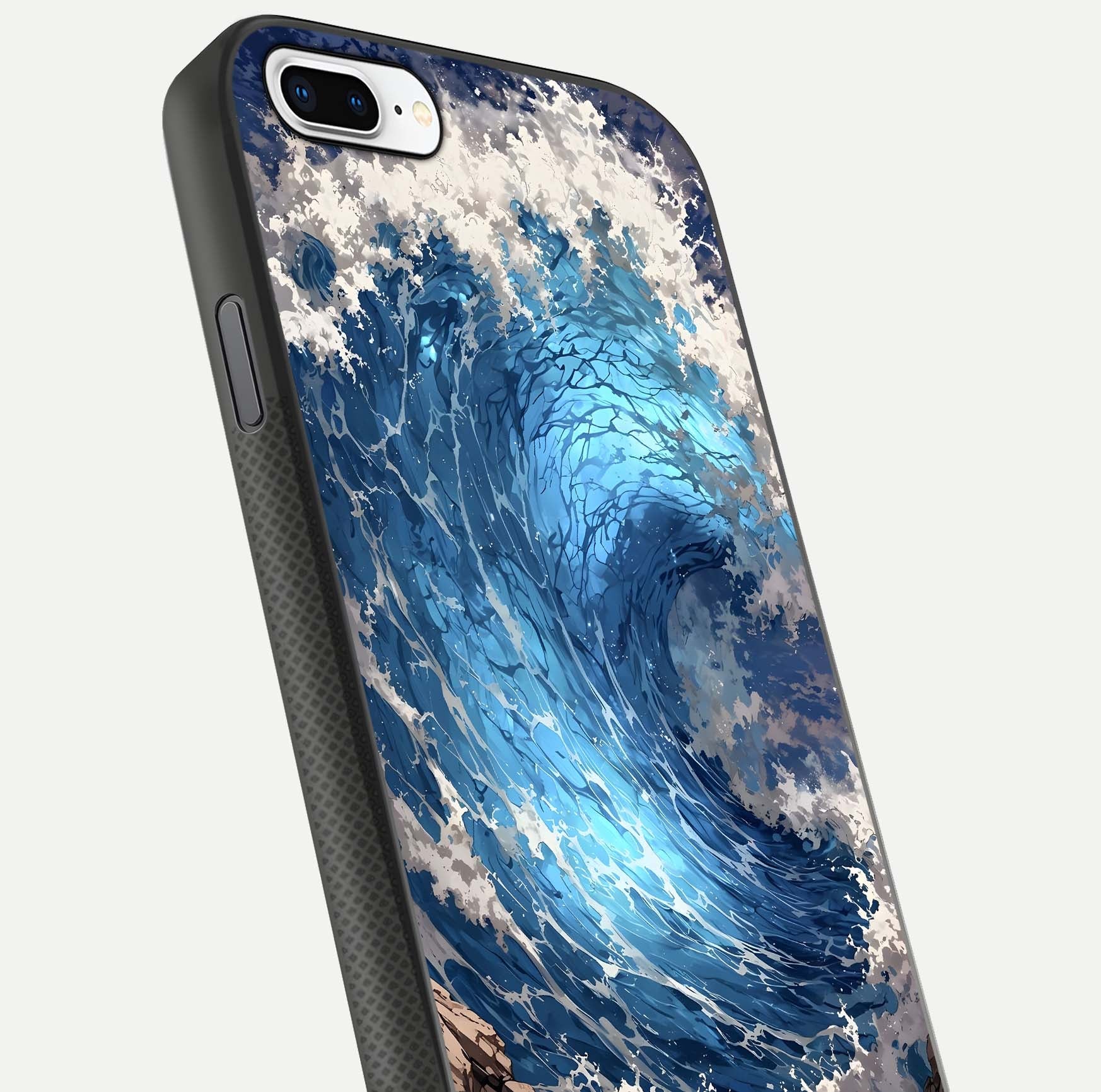 Giant Ocean Wave Glass Case for iPhone 7 Plus close-up angled shot showing wave texture and water reflection shine