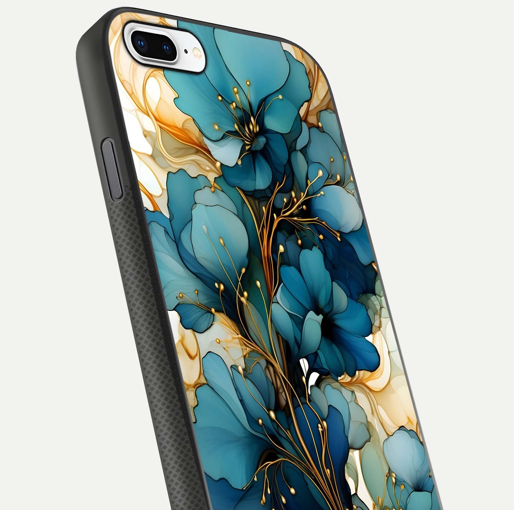Golden Bloom Symphony Glass Case for iPhone 7 Plus close-up angled shot showing detailed petals and metallic gold reflection