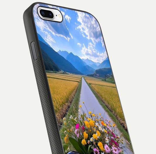 Golden Field Journey Glass Case for iPhone 7 Plus close-up angled shot showing sunlight tones and reflection clarity