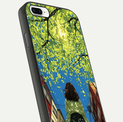 Golden Leaves Glow Glass Case for iPhone 7 Plus close-up angled shot showing fine leaf texture and reflection shine