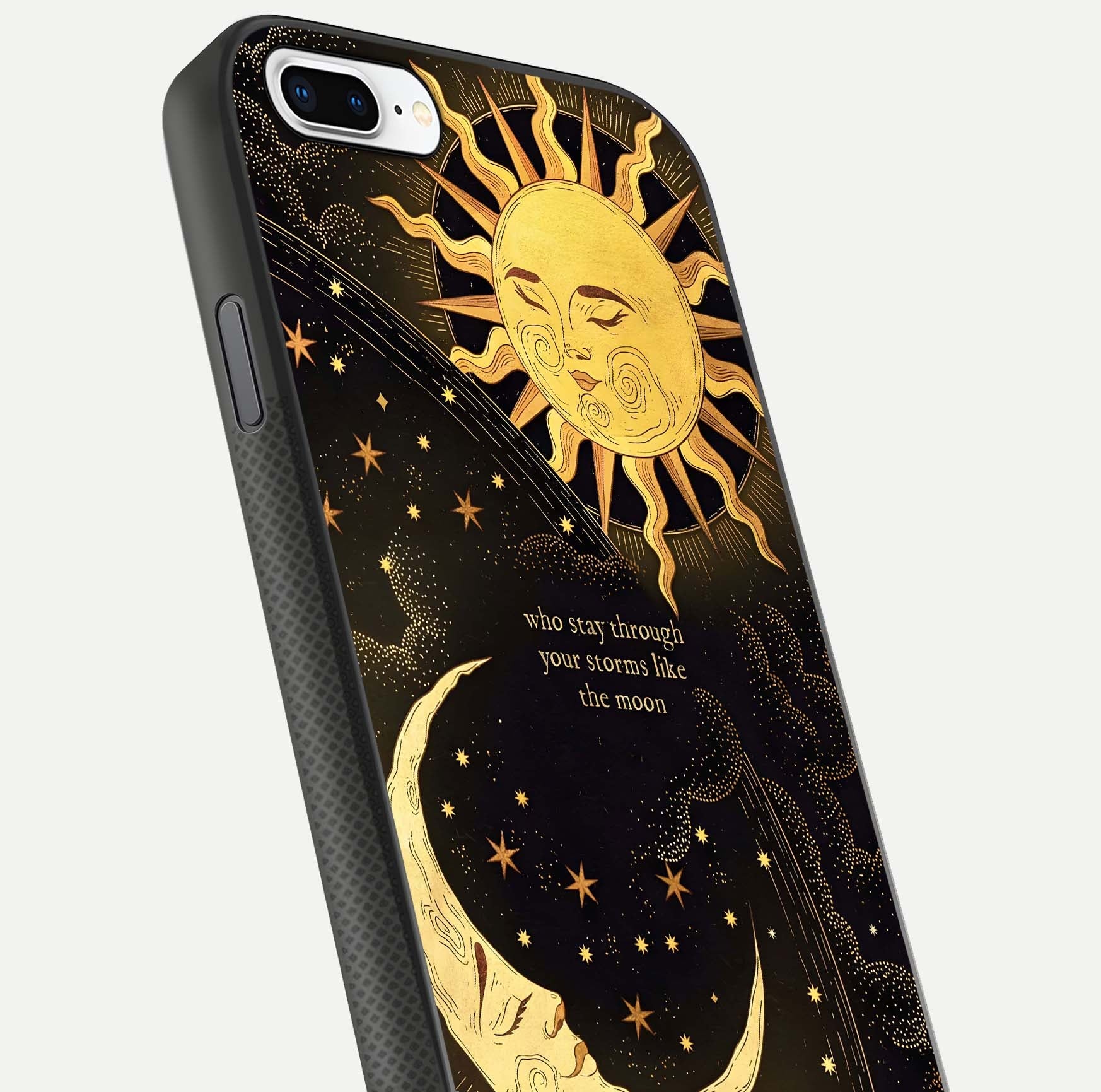 Golden Lunar Love Glass Case for iPhone 7 Plus close-up angled shot showing moon glow, texture, and reflection polish