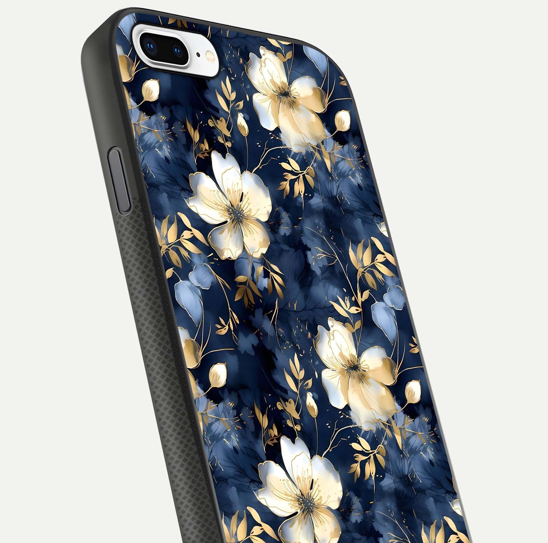 Golden Midnight Bloom Glass Case for iPhone 7 Plus close-up angled shot showing floral detail and reflection shine