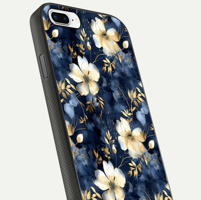 Golden Midnight Bloom Glass Case for iPhone 7 Plus close-up angled shot showing floral detail and reflection shine