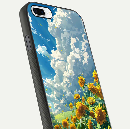 Golden Sun Glory Glass Case for iPhone 7 Plus close-up angled shot showing sunlight reflection and gold detailing