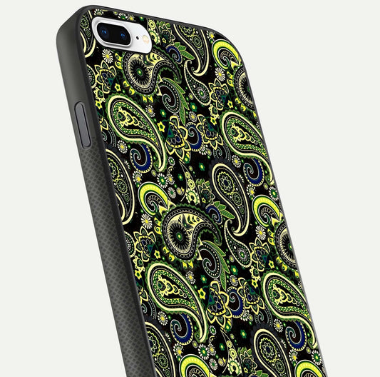 Green Mandala Pattern Glass Case for iPhone 7 Plus close-up angled shot showing fine detailing and gold-green reflection