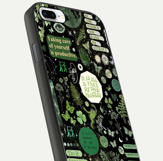 Green Moon Energy Glass Case for iPhone 7 Plus close-up angled shot showing glowing lunar detail and reflection shine