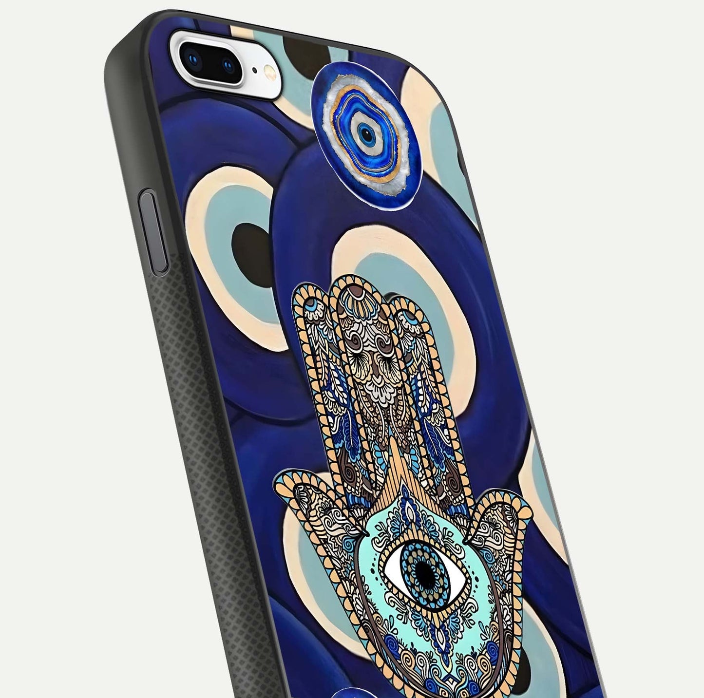 Hamsa Divine Guard Glass Case for iPhone 7 Plus close-up angled shot showing detailed palm motif and reflection glow