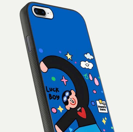 Happy Luck Vibe Glass Case for iPhone 7 Plus close-up angled shot showing color details and reflection shine