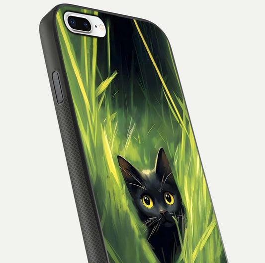 Hidden Cat Whisper Glass Case for iPhone 7 Plus close-up angled shot showing feline details and reflection polish