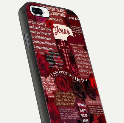 Jesus Love Heals Glass Case for iPhone 7 Plus close-up angled shot showing healing text, cross detailing, and reflection
