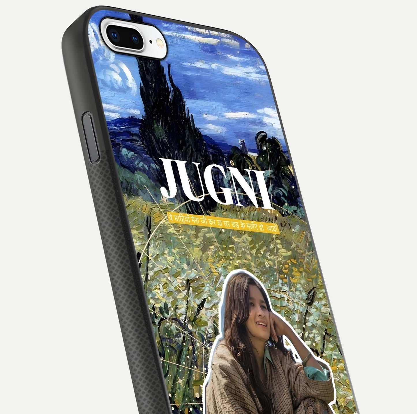 Jugni Soul Vibes Glass Case for iPhone 7 Plus close-up angled shot showing typography detail and vibrant gloss reflection