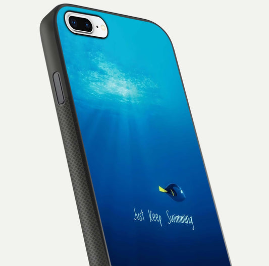 Just Keep Swimming Glass Case for iPhone 7 Plus close-up angled shot showing elegant lettering and blue tone reflection