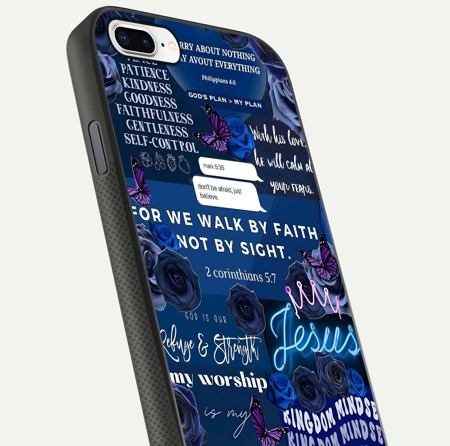 Kingdom Faith Glow Glass Case for iPhone 7 Plus close-up angled shot showing luminous text and divine reflection