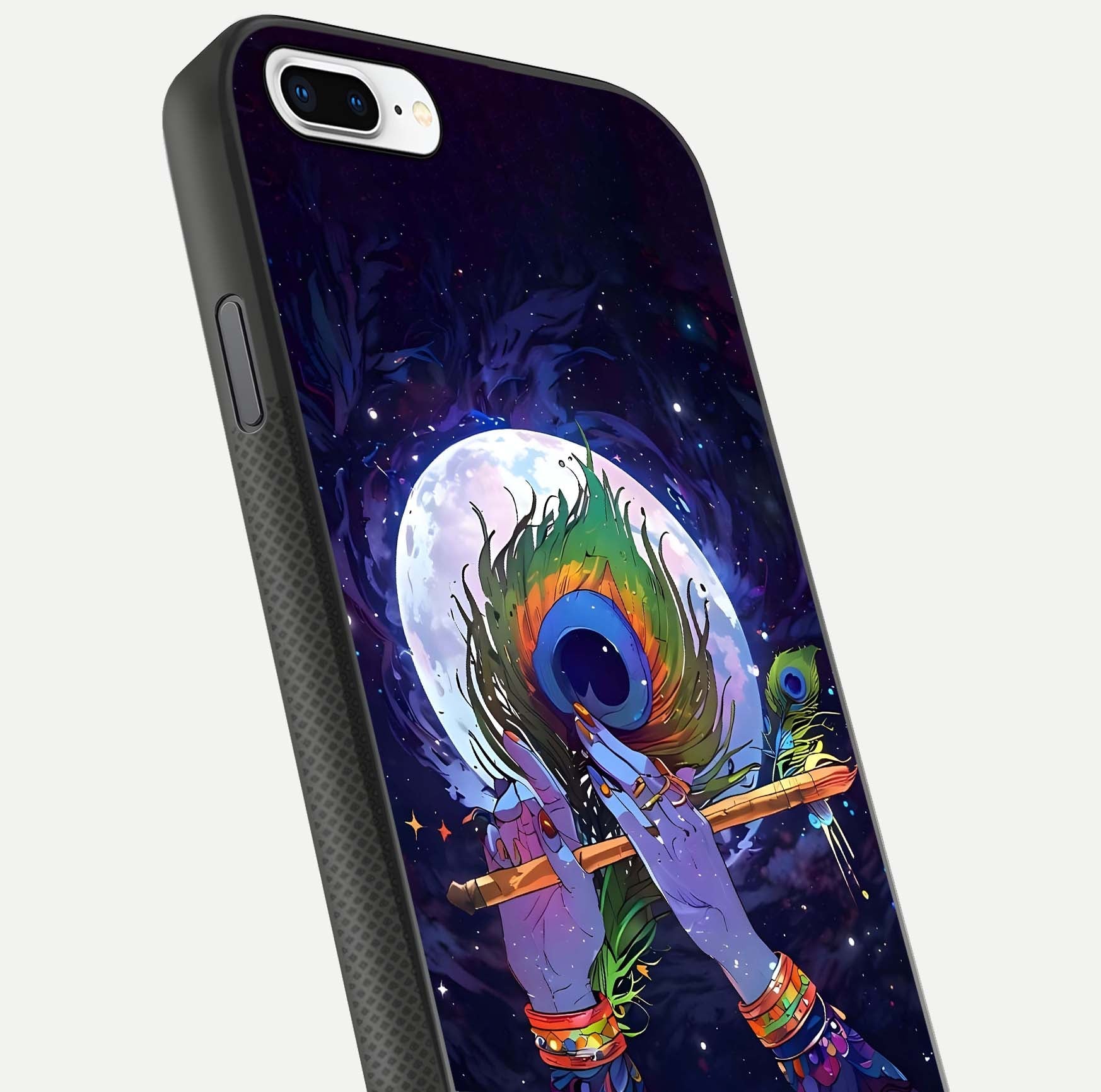 Krishna Hands Art Glass Case for iPhone 7 Plus close-up angled shot showing detailed hand design and shine